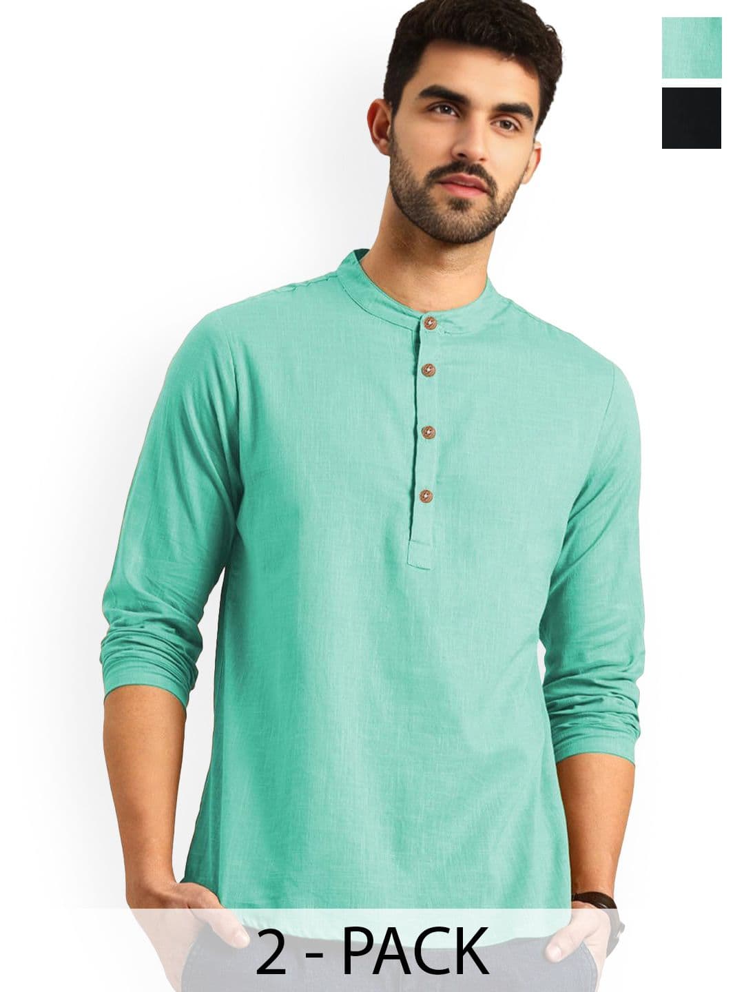 Vida Loca Selection Of 2 Cotton Band Collar Slim Fit Straight Short Kurta - view 1
