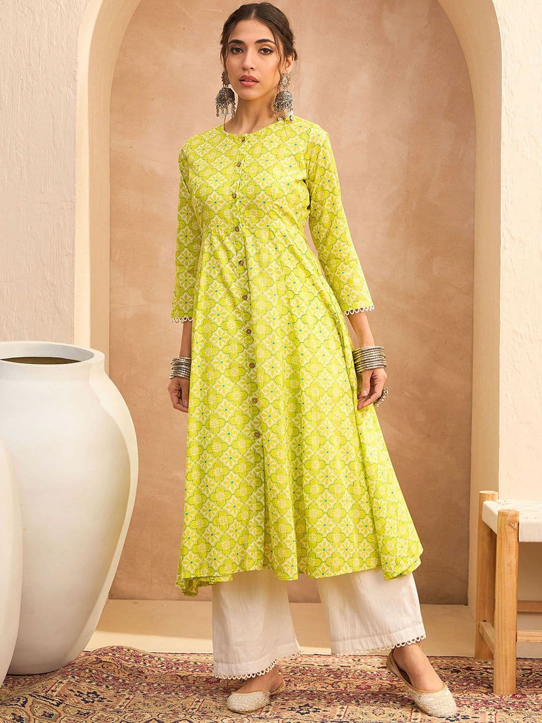 Shae by SASSAFRAS Floral Block Printed Round Neck A-Line Pure Cotton Kurta - view 1
