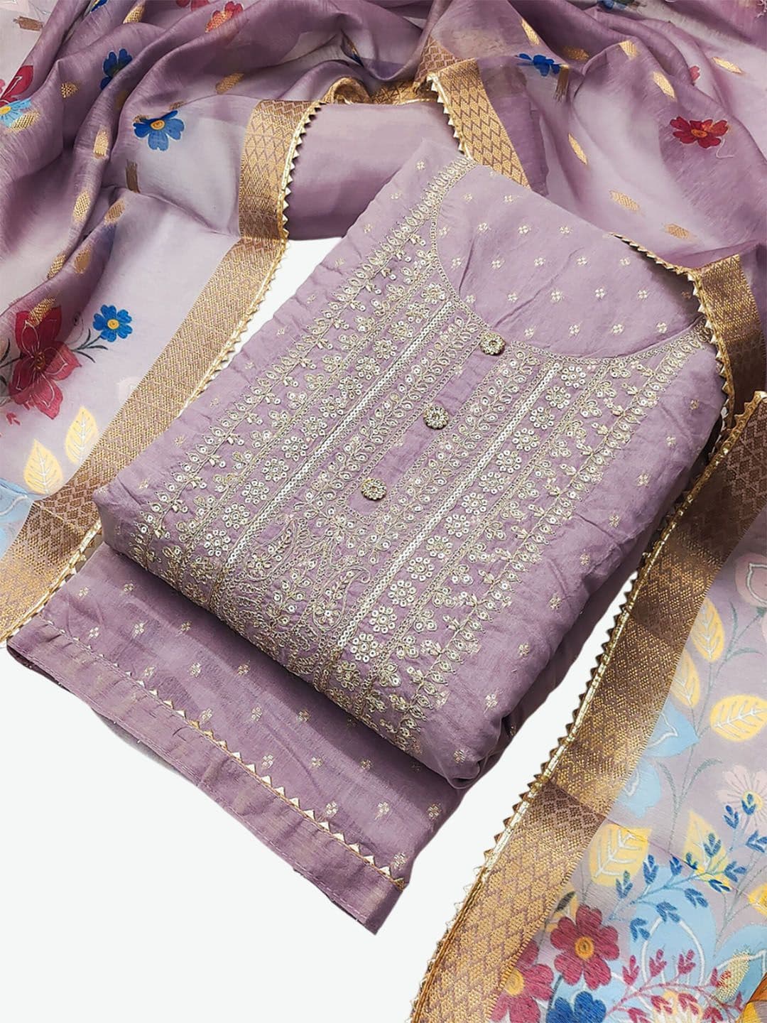 TAVAS Ethnic Motifs Embroidered Chanderi Silk Unstitched Dress Material - view 1