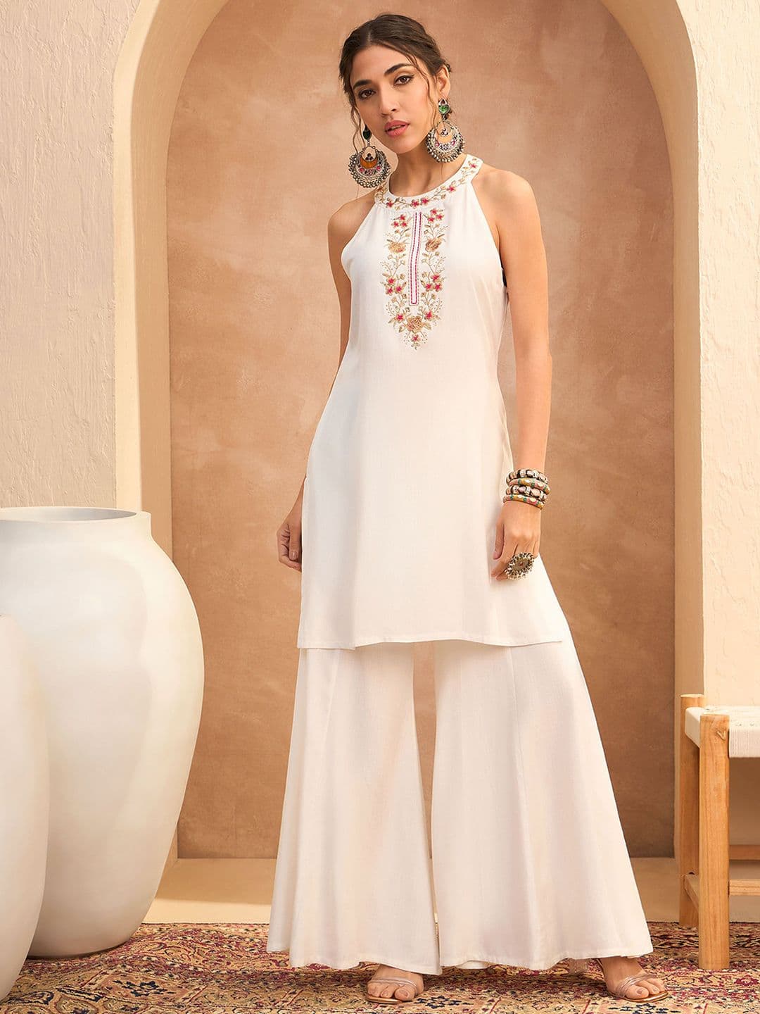 Shae by SASSAFRAS Floral Embroidered Sequinned Straight Kurti with Palazzo - view 1