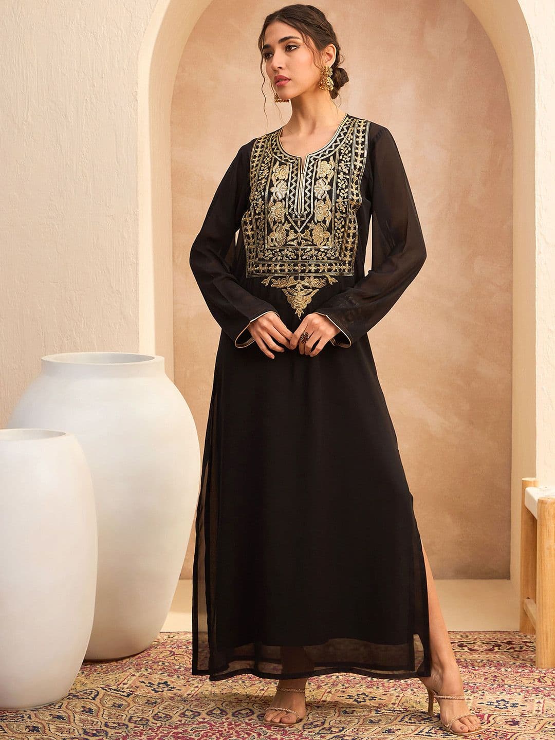 Shae by SASSAFRAS Floral Embroidered Notch Neck Georgette Ethnic Dresses - view 1