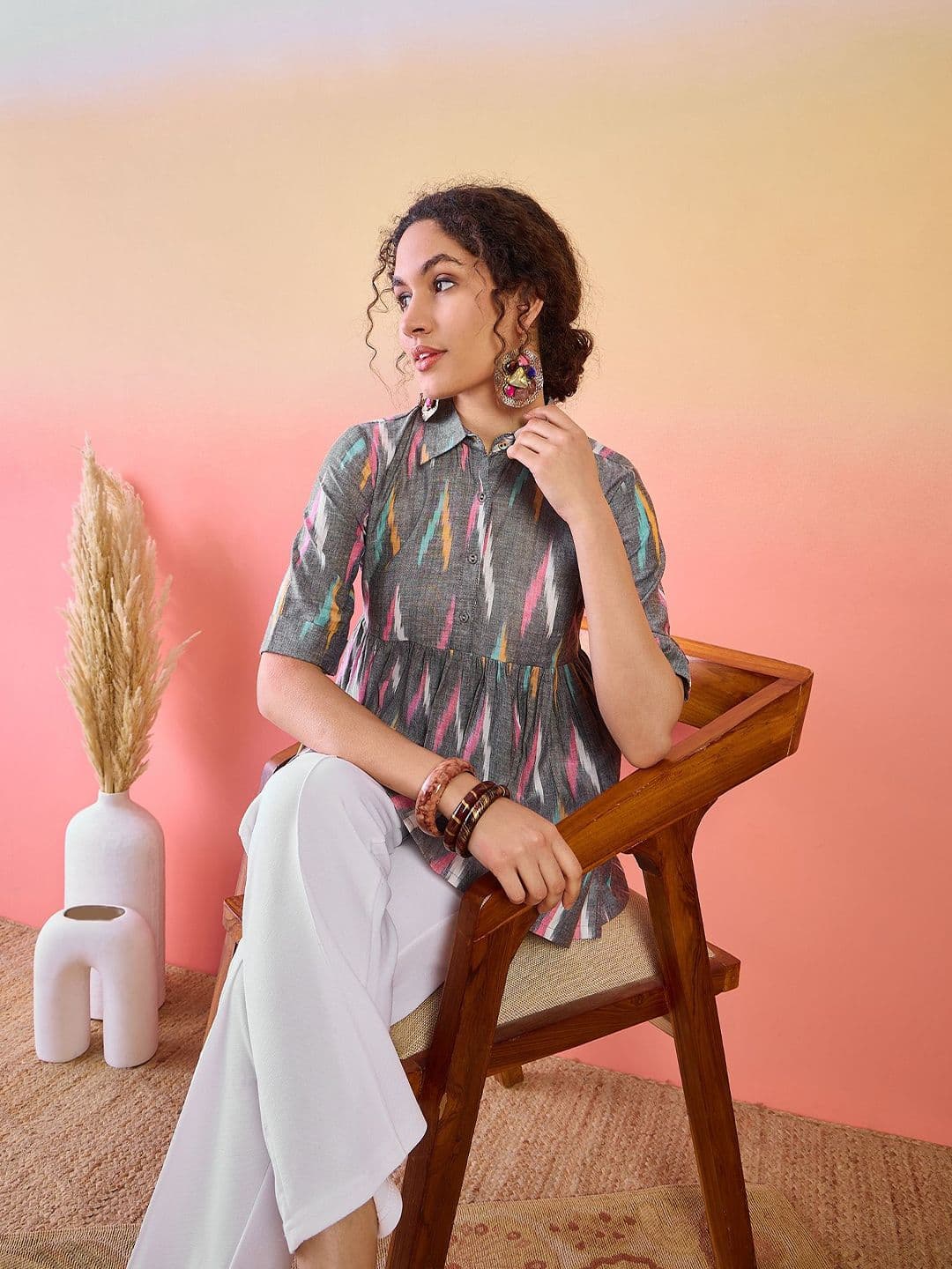 Sangria Abstract Printed Cotton Shirt Collar Tunic - view 1