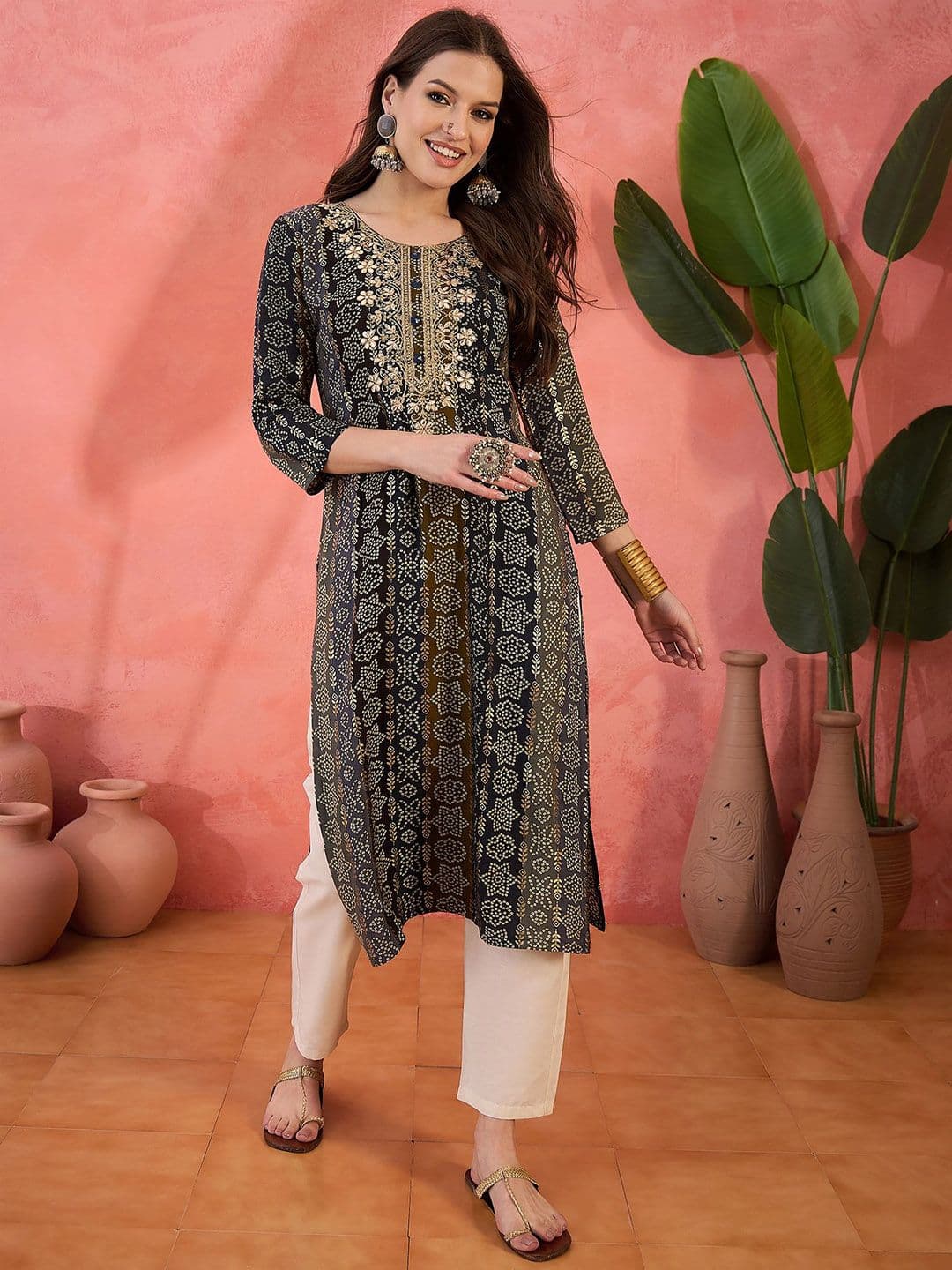Sangria Bandhani Printed Thread Work Straight Kurta - view 1