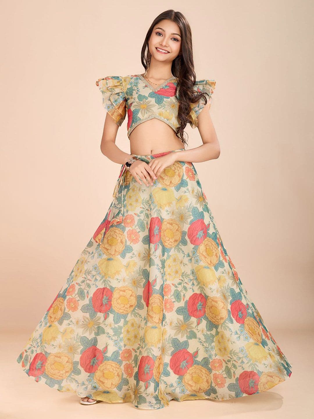 Tasarika Girls Yellow Printed V-Neck Thread Work Silk Ready To Wear Lehenga & Choli - view 1