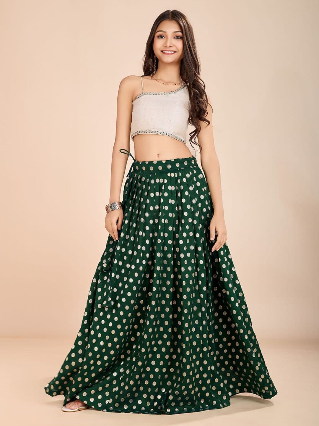 Tasarika Girls Green Embroidered Thread Work Ready To Wear Silk Lehenga & Choli - view 1
