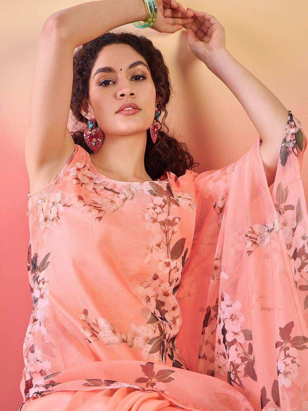 Sangria Floral Printed Round Neck Sleeveless Organza Kurta With Palazzos & Dupatta Set - view 1