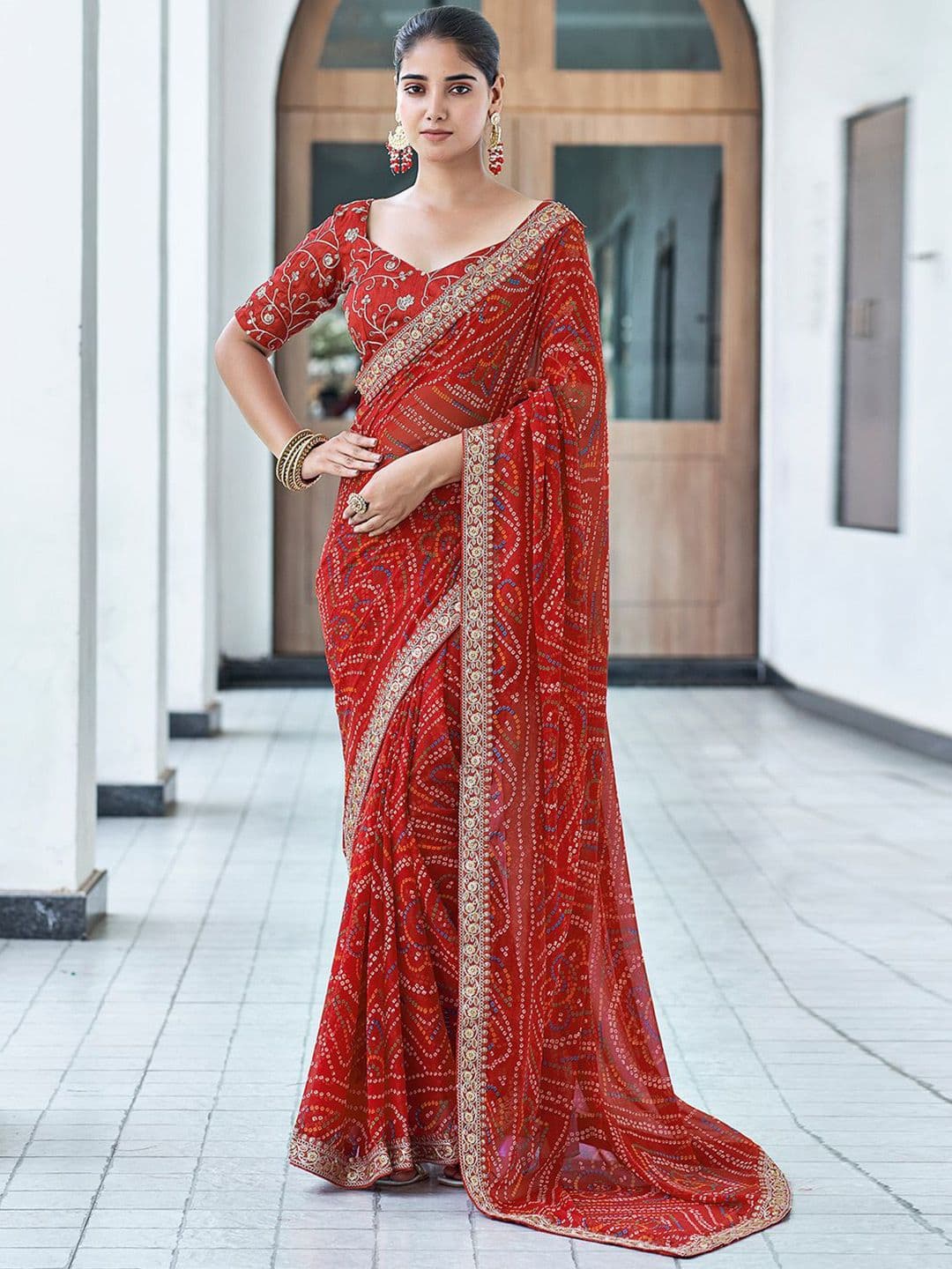all about you Bandhani Printed Sequinned Pure Georgette Saree - view 1