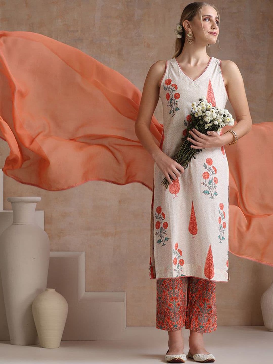 Khushal K Floral Printed Pure Cotton Straight Kurta with Palazzos & With Dupatta - view 1