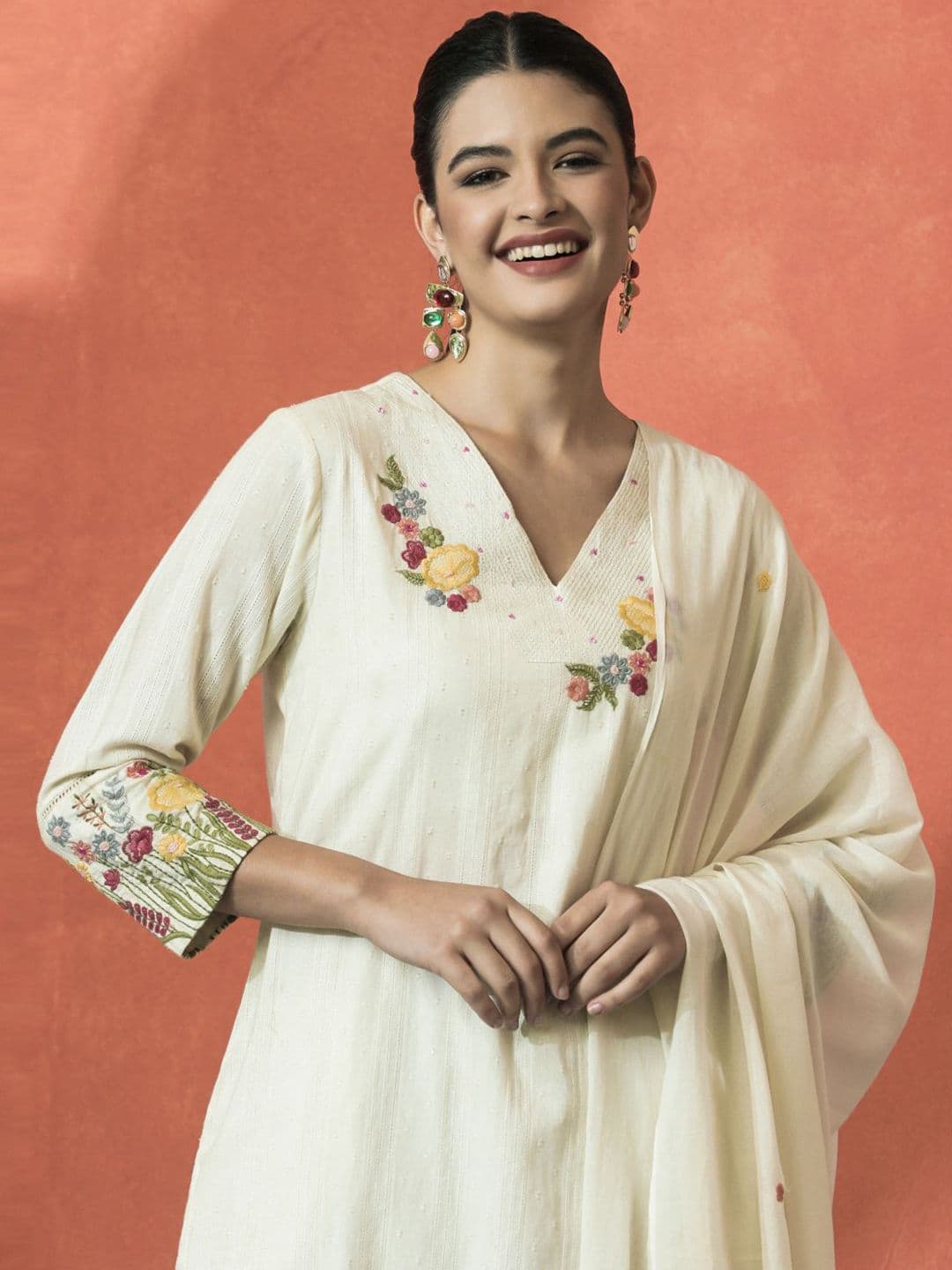 Sangria Floral Embroidered V-Neck Sequinned Cotton Straight Kurta With Trouser & Dupatta - view 1