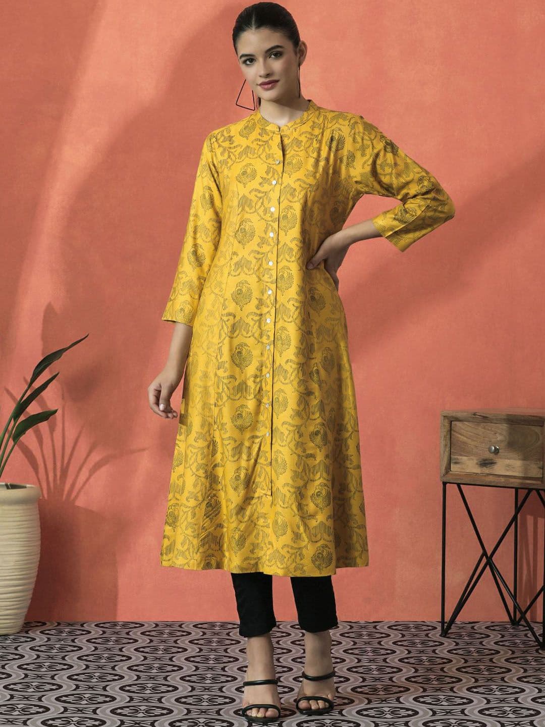 Sangria Floral Printed Mandarin Collar Three-Quarter Sleeves Panelled A-Line Kurta - view 1