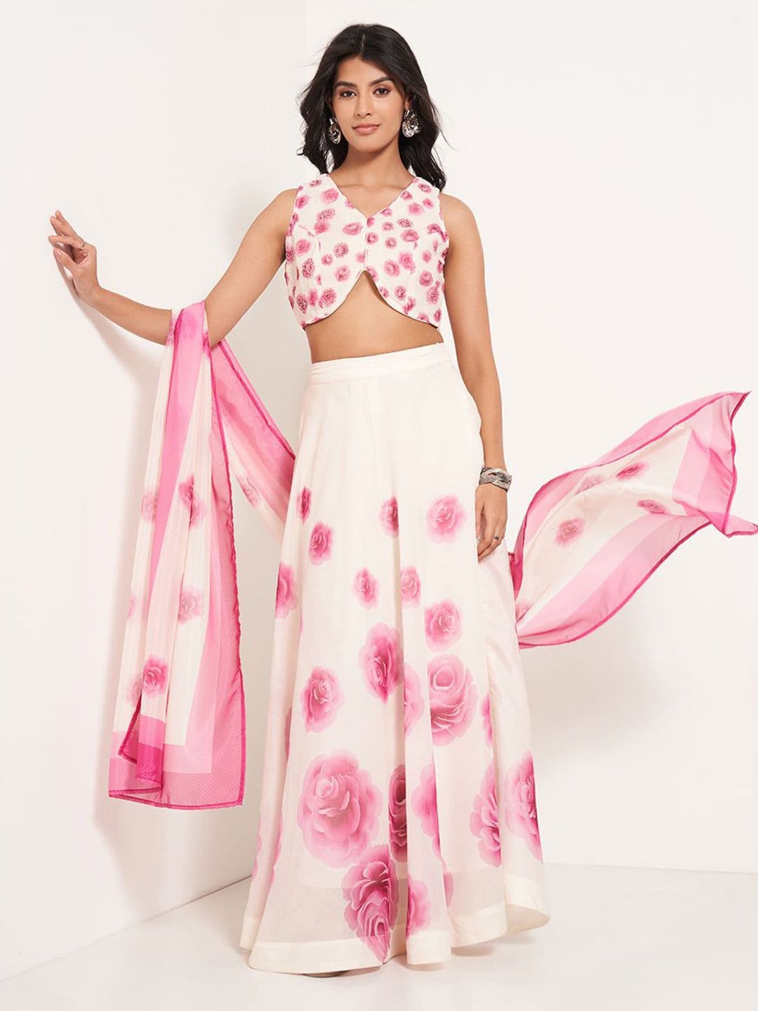 RANGMANCH BY PANTALOONS Floral Printed V-Neck Lehenga With Choli & Dupatta - view 1