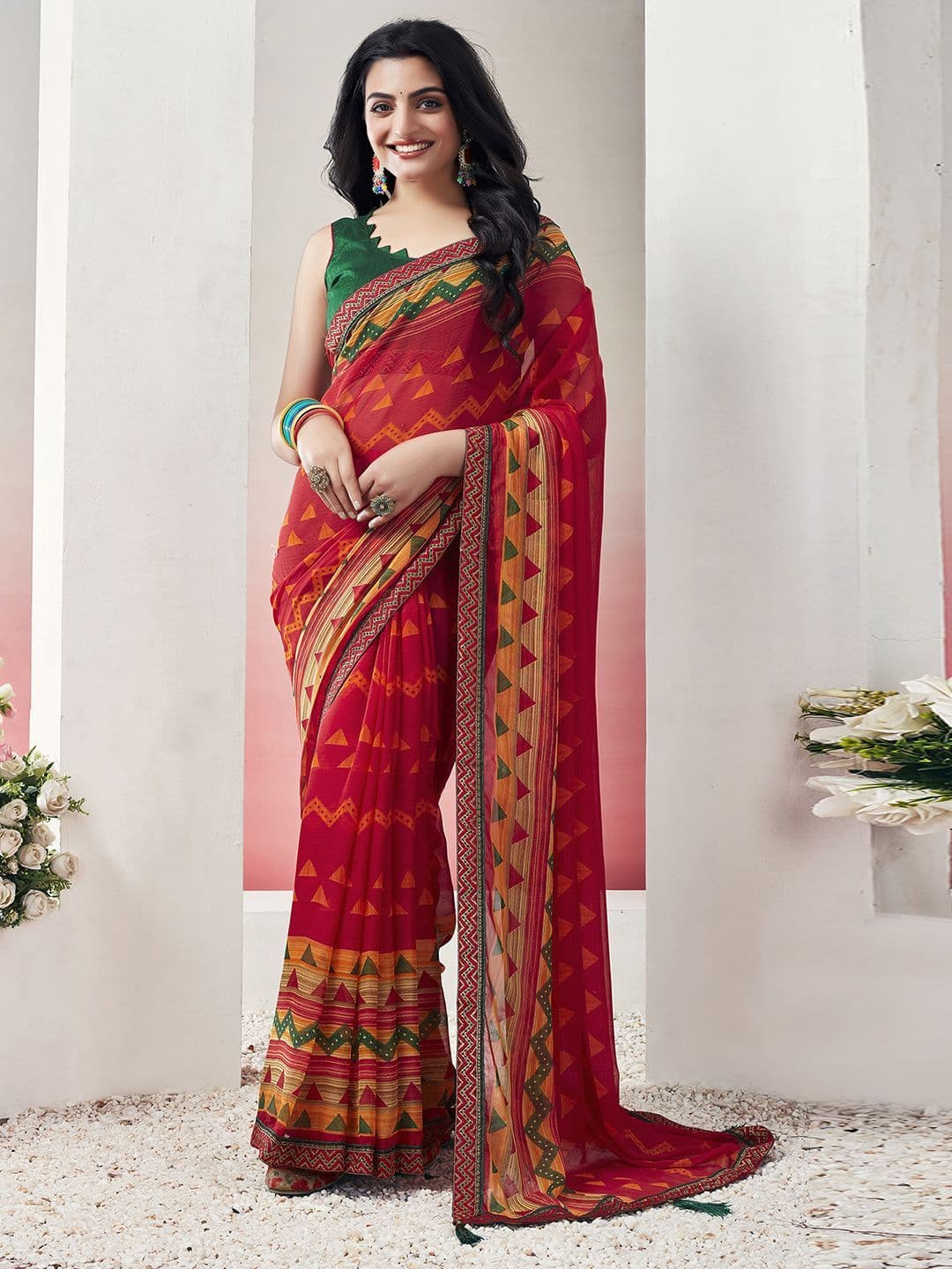 Sangria Geometric Printed Saree With Lace Border Blouse Piece - view 1