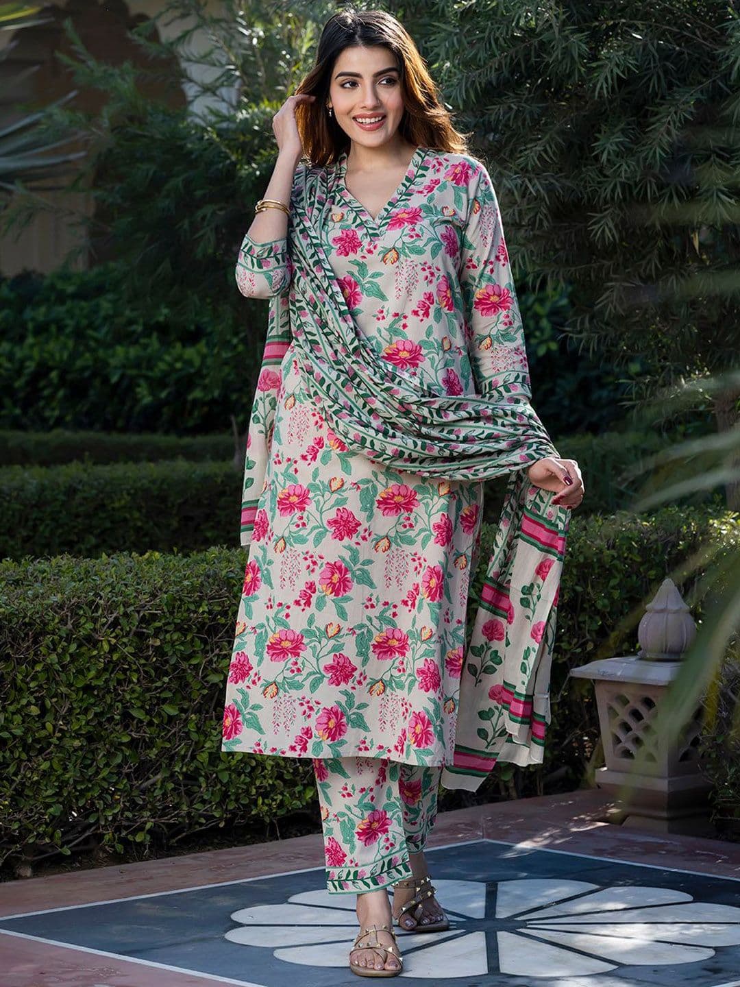 KALINI Women Floral Printed Regular Pure Cotton Kurta with Trousers & With Dupatta - view 1