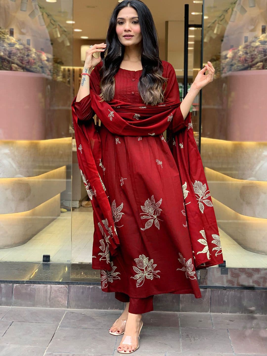 GoSriKi Floral Printed Pleated Round Neck Anarkali Kurta With Trousers & Dupatta - view 1