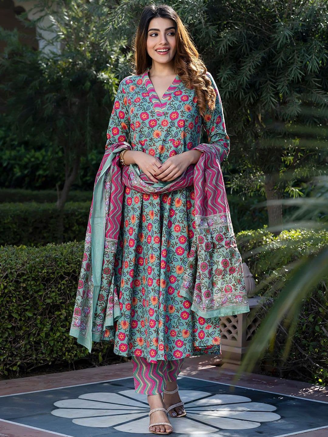 KALINI Women Floral Printed Regular Pure Cotton Kurta with Trousers & With Dupatta - view 1