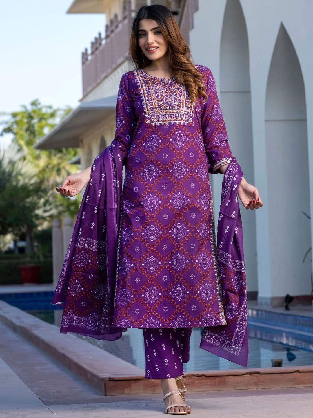 KALINI Women Bandhani Printed Regular Sequinned Pure Cotton Kurta with Trousers & With Dupatta - view 1