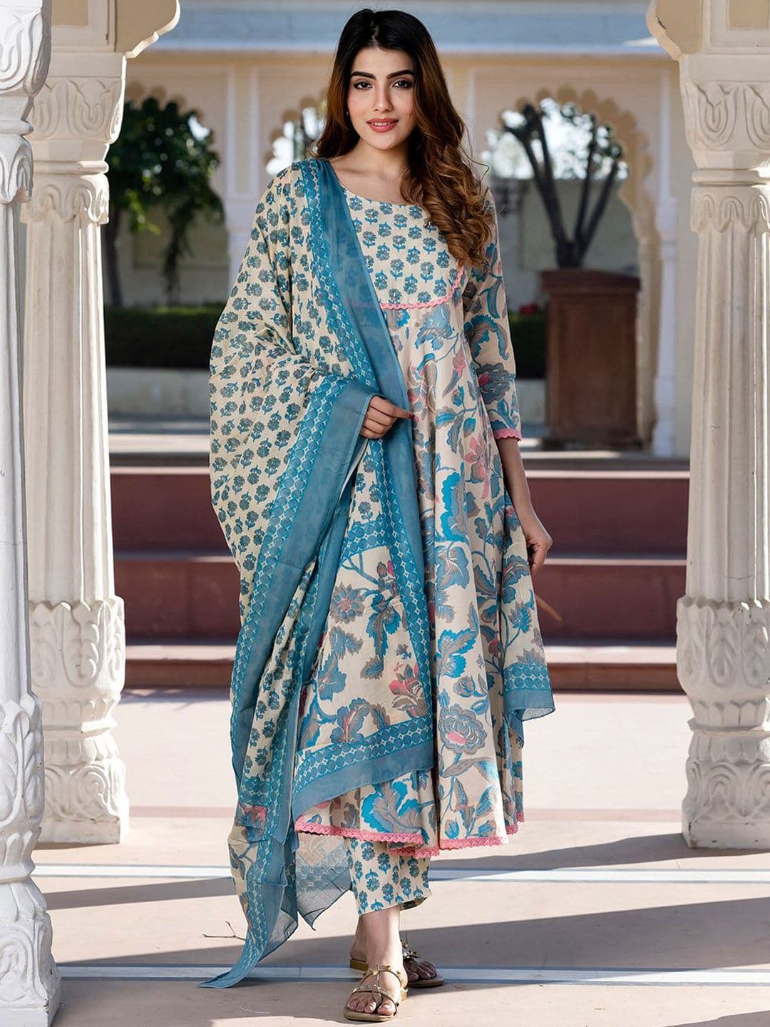 KALINI Women Floral Printed Regular Pure Cotton Kurta with Trousers & With Dupatta - view 1