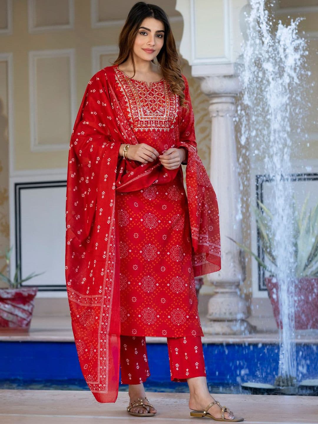 KALINI Bandhani Sequinned Embroidered Round Neck Pure Cotton Kurta with Trousers & Dupatta - view 1
