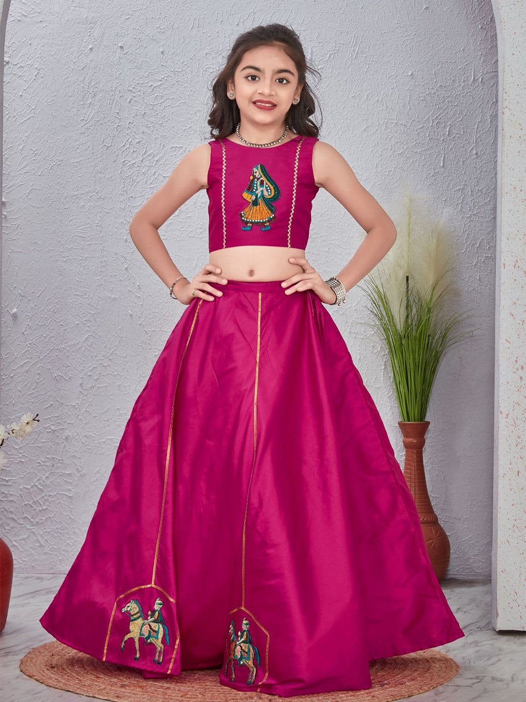 Anneca Girls Ethnic Motifs Embroidered Boat Neck Gotta Patti Choli With Full Flare Lehenga - view 1
