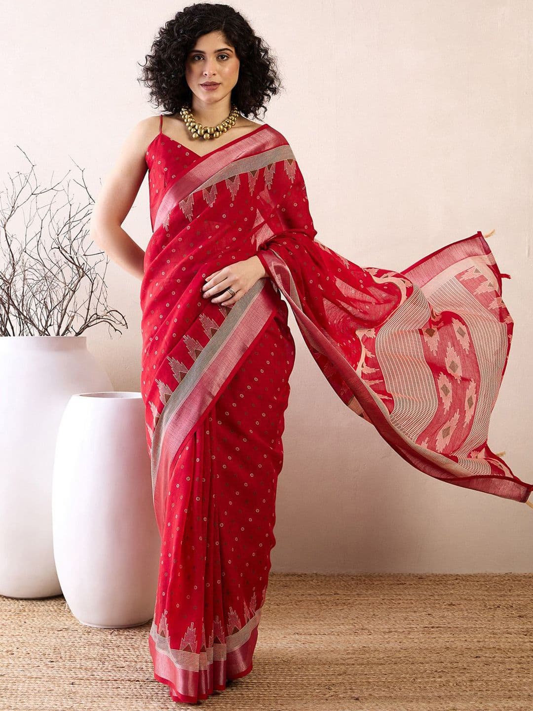Anouk Rustic Zari Linen Blend Ready to Wear Bagru Saree - view 1