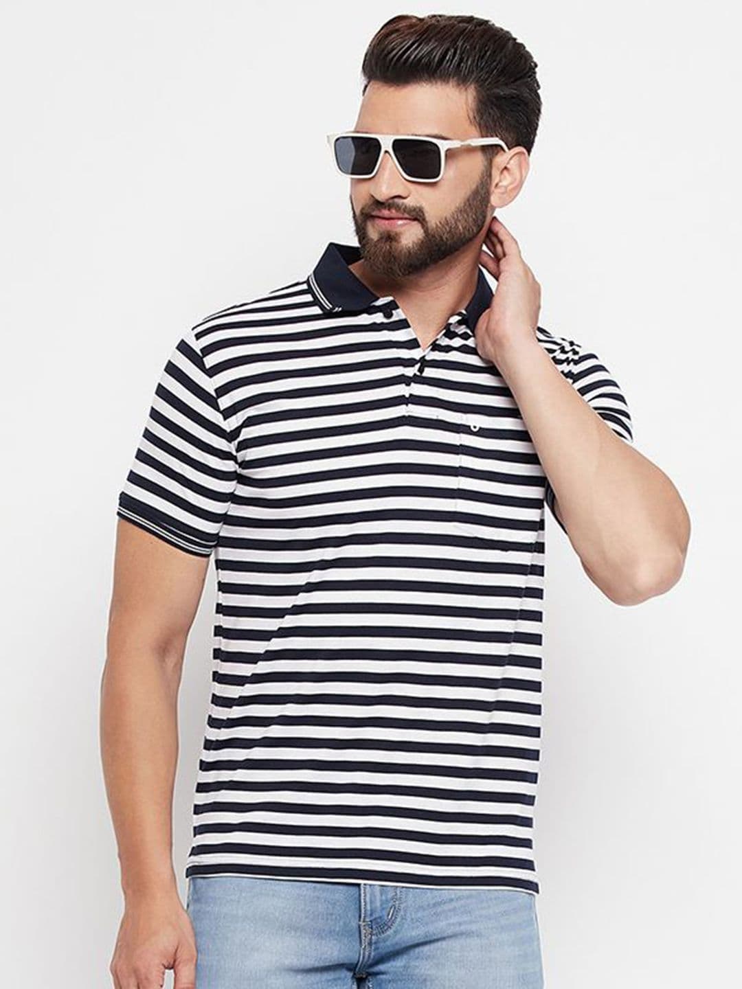 UNIBERRY Men Striped Polo Collar Monochrome T-shirt - view 1