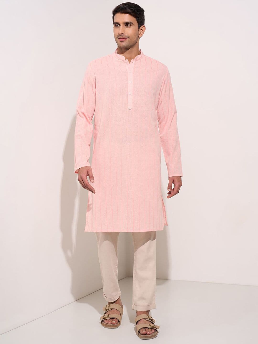 iindus route by Pantaloons Striped Printed Mandarin Collar Straight Kurta - view 1