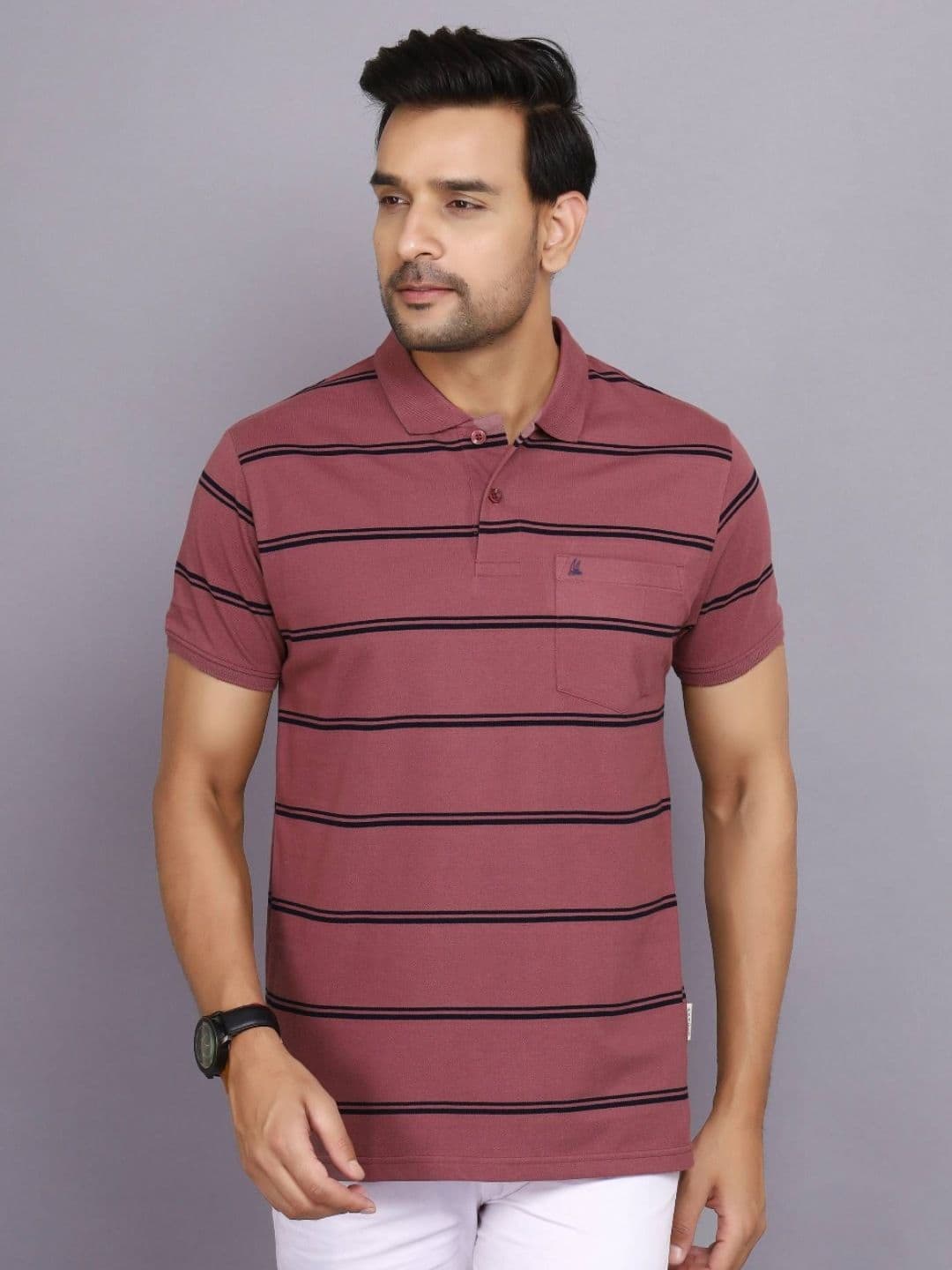 ARBOUR Men Striped Polo Collar Cotton Slim Fit T-shirt - view 1