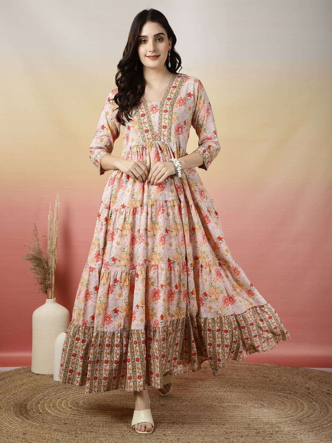 GLAM ROOTS Floral Printed Cotton Tiered Anarkali Kurta - view 1