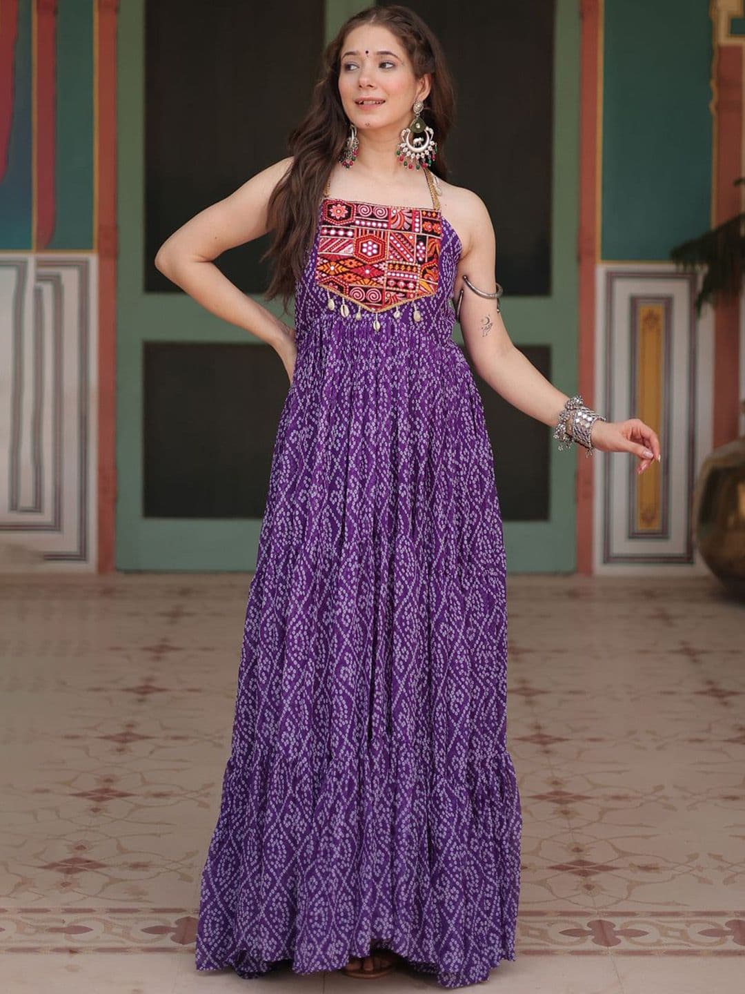 KALINI Bandhani Printed Mirror Work Tiered Anarkali Ethnic Dress - view 1