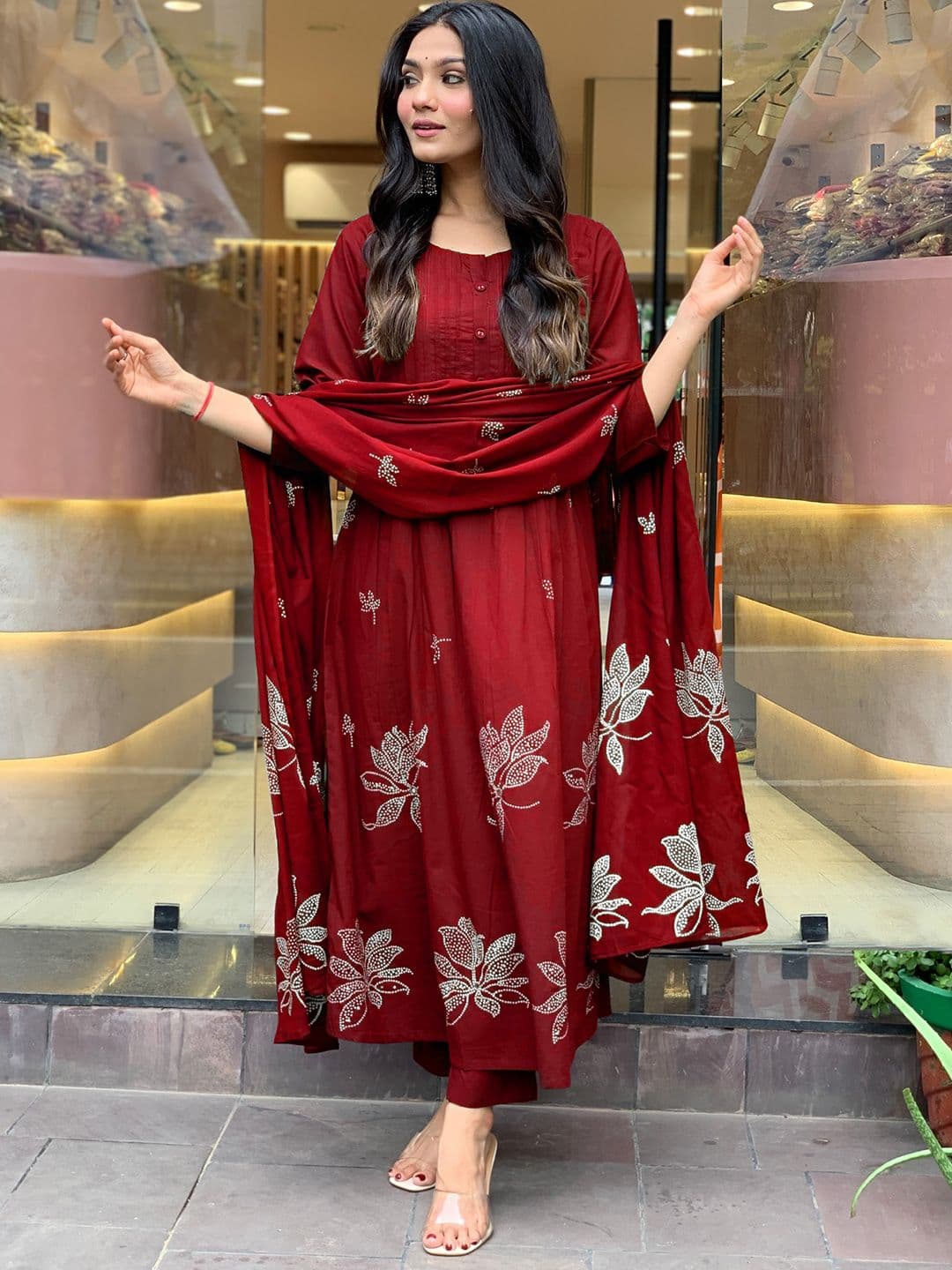 GoSriKi Women Floral Printed Regular Beads and Stones Kurta with Trousers & With Dupatta - view 1