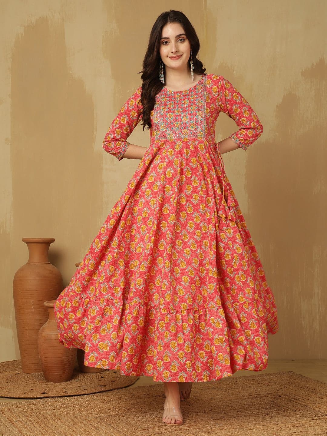 GLAM ROOTS Floral Printed Thread Work Cotton Tiered Anarkali Kurta - view 1
