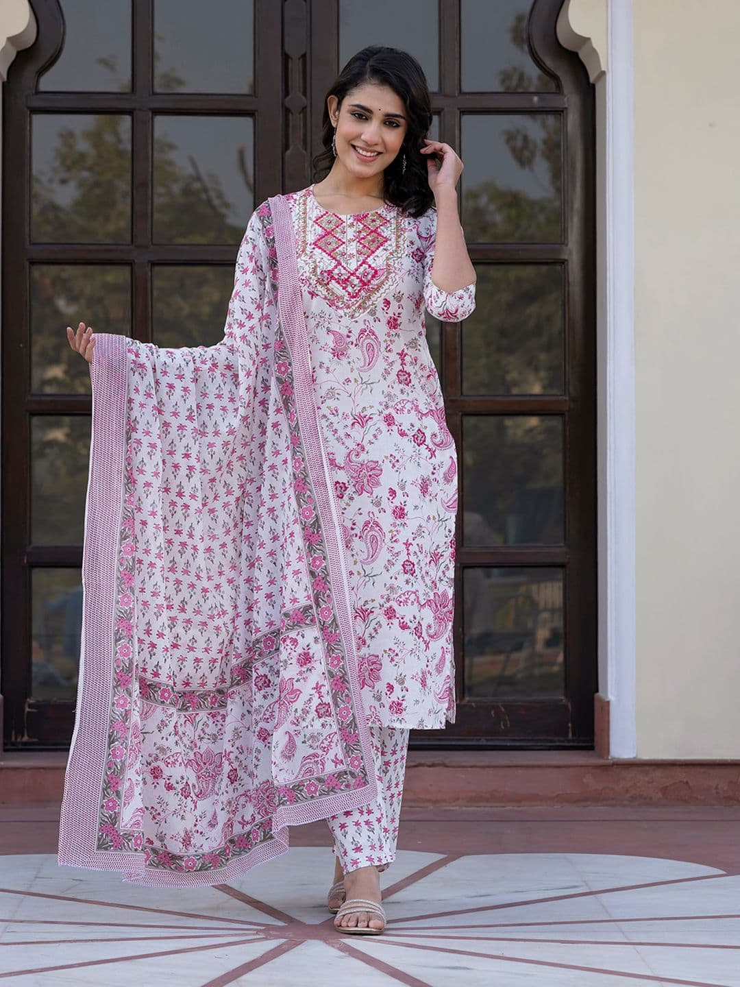 KALINI Women Paisley Regular Pure Cotton Kurta with Trousers & With Dupatta - view 1