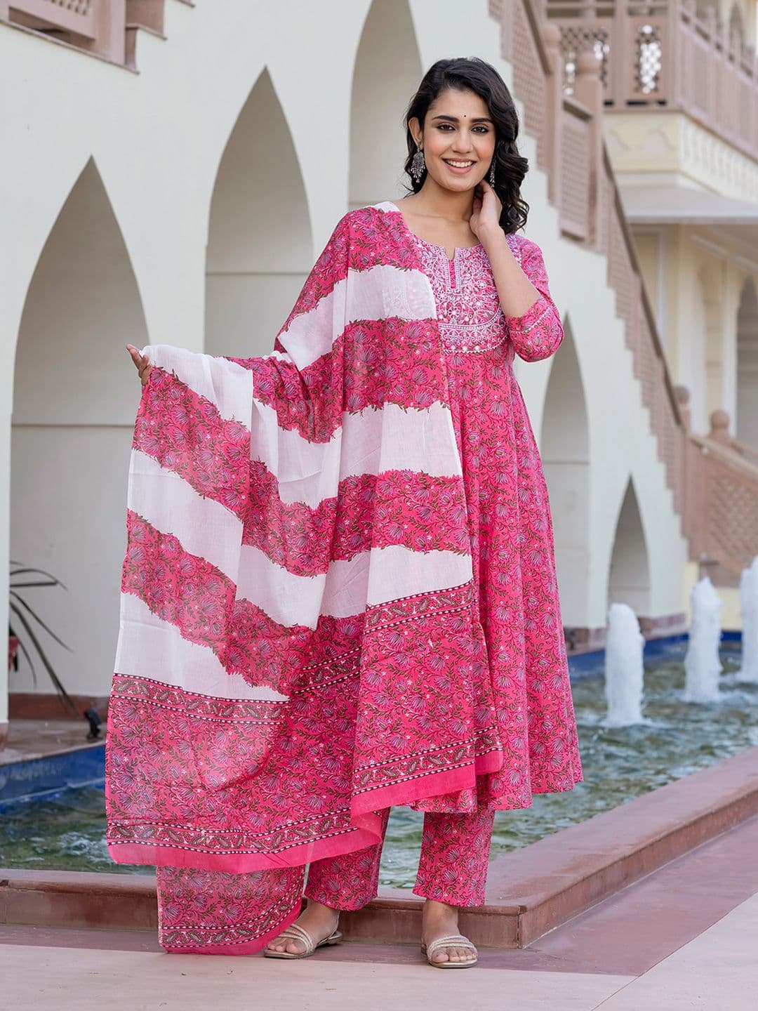 KALINI Women Floral Printed Regular Pure Cotton Kurta with Trousers & With Dupatta - view 1