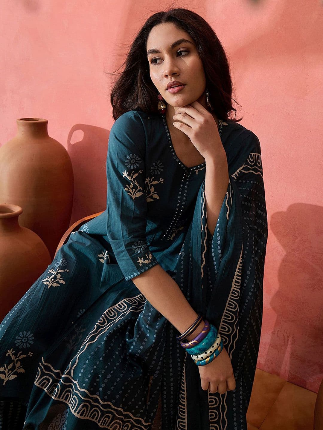 Sangria Floral Printed Straight Kurta & Trousers With Dupatta - view 1