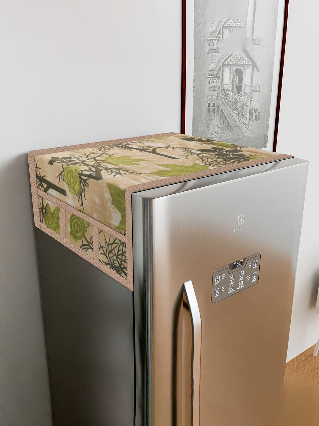Kuber Industries Beige & Green Tree Kniting Printed Fridge Top Cover - view 1