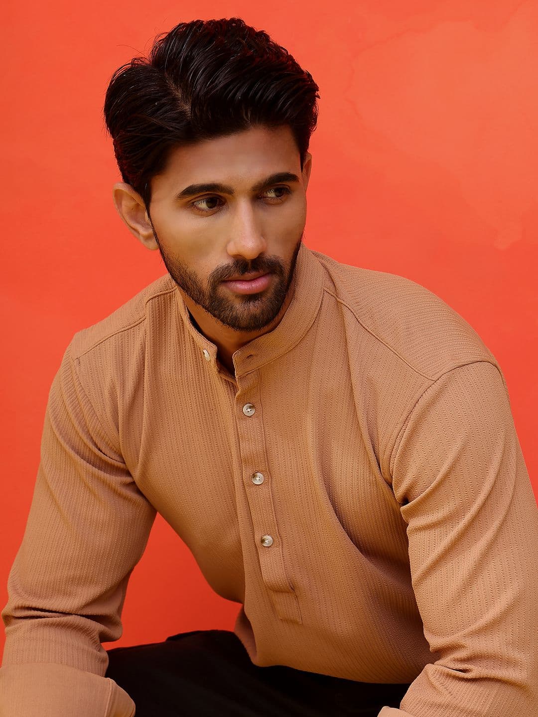 Jompers Striped Band Collar Long Roll-Up Sleeves Straight Kurta - view 1