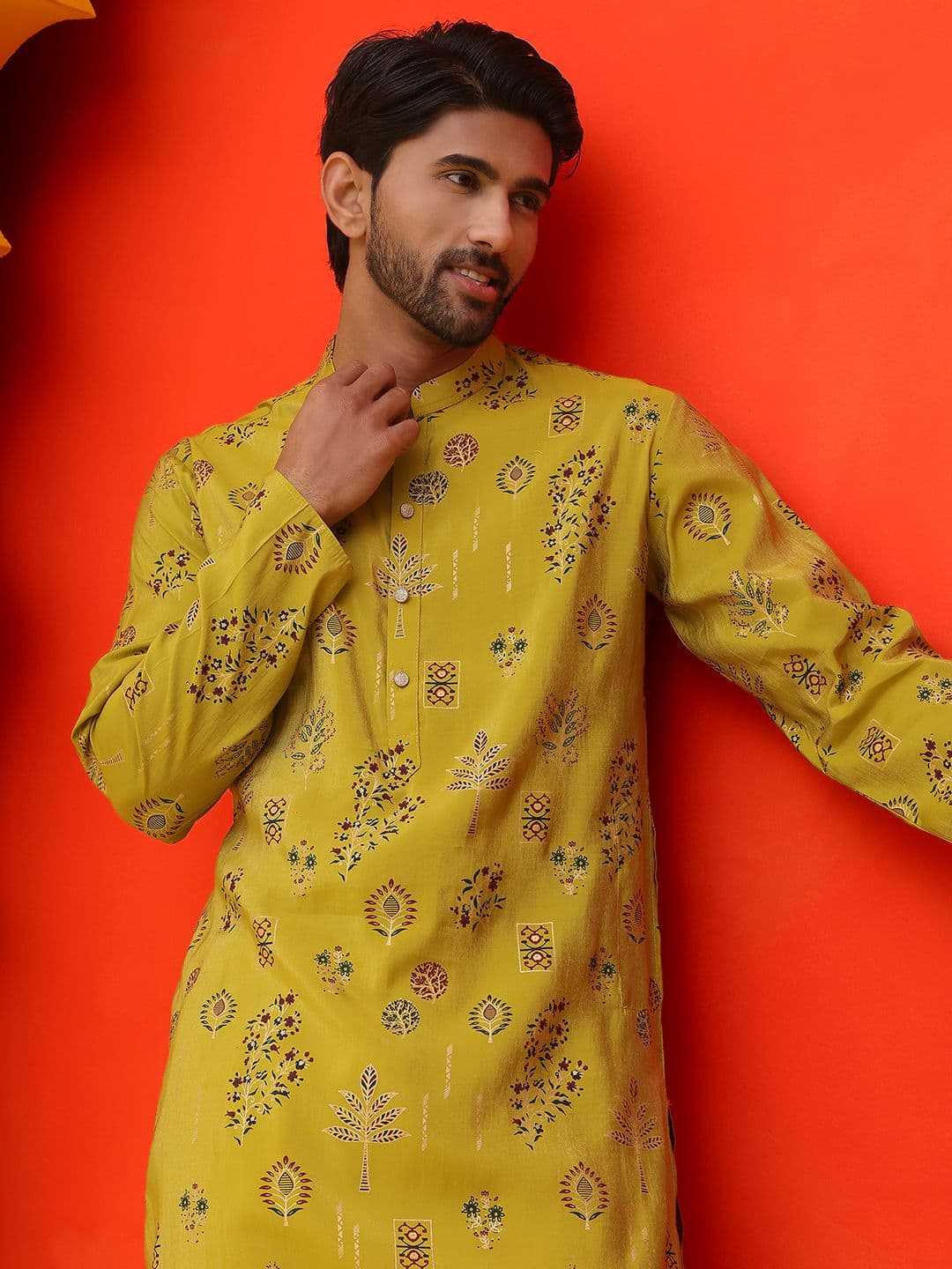 Jompers Floral Printed Mandarin Collar Silk Cotton Straight Kurta - view 1