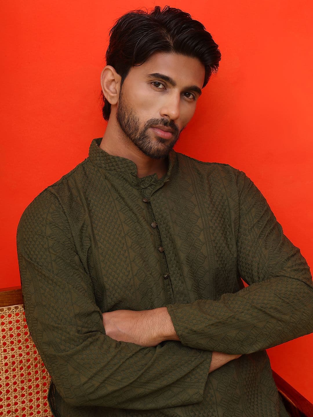 Jompers Geometric Embroidered Mandarin Collar Chikankari Pure Cotton Straight Kurta