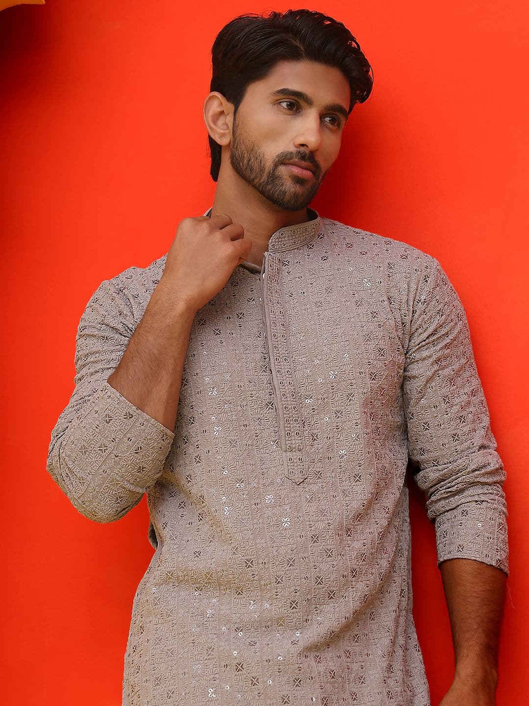 Jompers Geometric Embroidered Mandarin Collar Sequinned Pure Cotton Straight Kurta - view 1