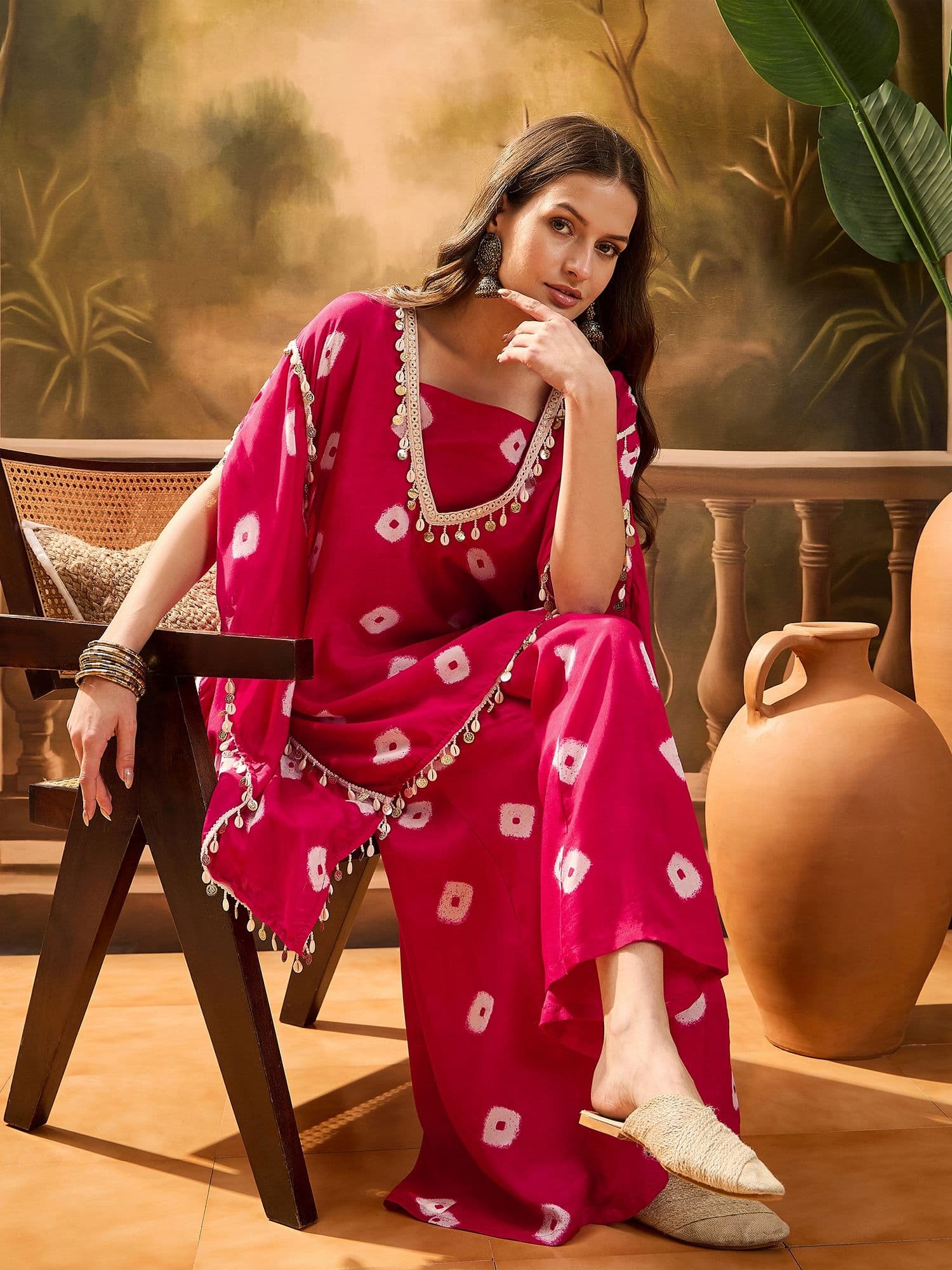 Sangria Bandhej Printed Kaftan & Tube Fusion Top With Sharara - view 1