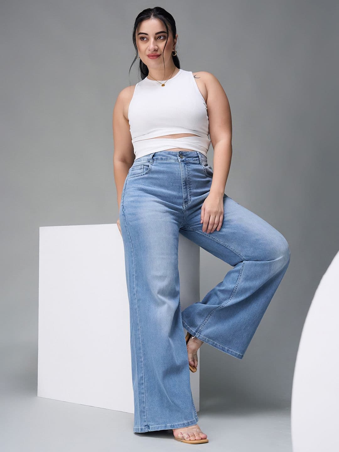 Miss Chase A+ Plus Size Women Wide Leg High-Rise Mildly Distressed Light Fade Stretchable Jeans - view 1