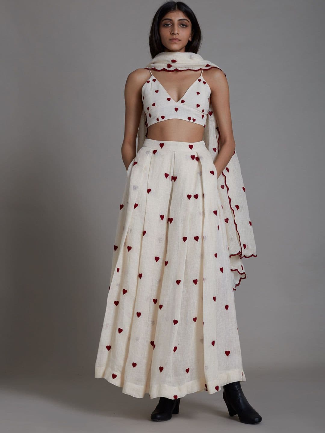 MATI Heart Printed Shoulder Straps Linen Ready to Wear Lehenga & Blouse With Dupatta - view 1