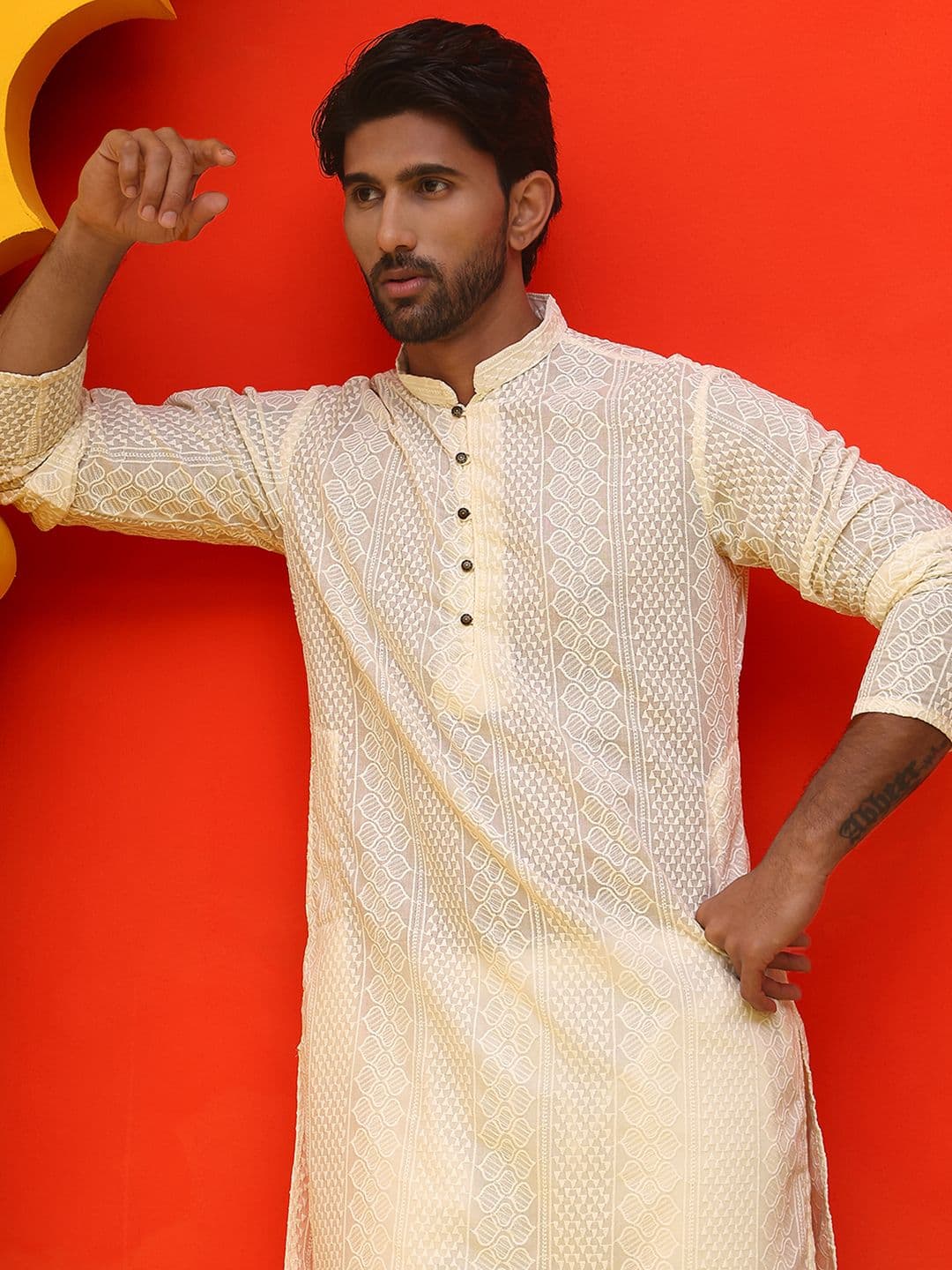 Jompers Geometric Embroidered Mandarin Collar Chikankari Pure Cotton Straight Kurta - view 1