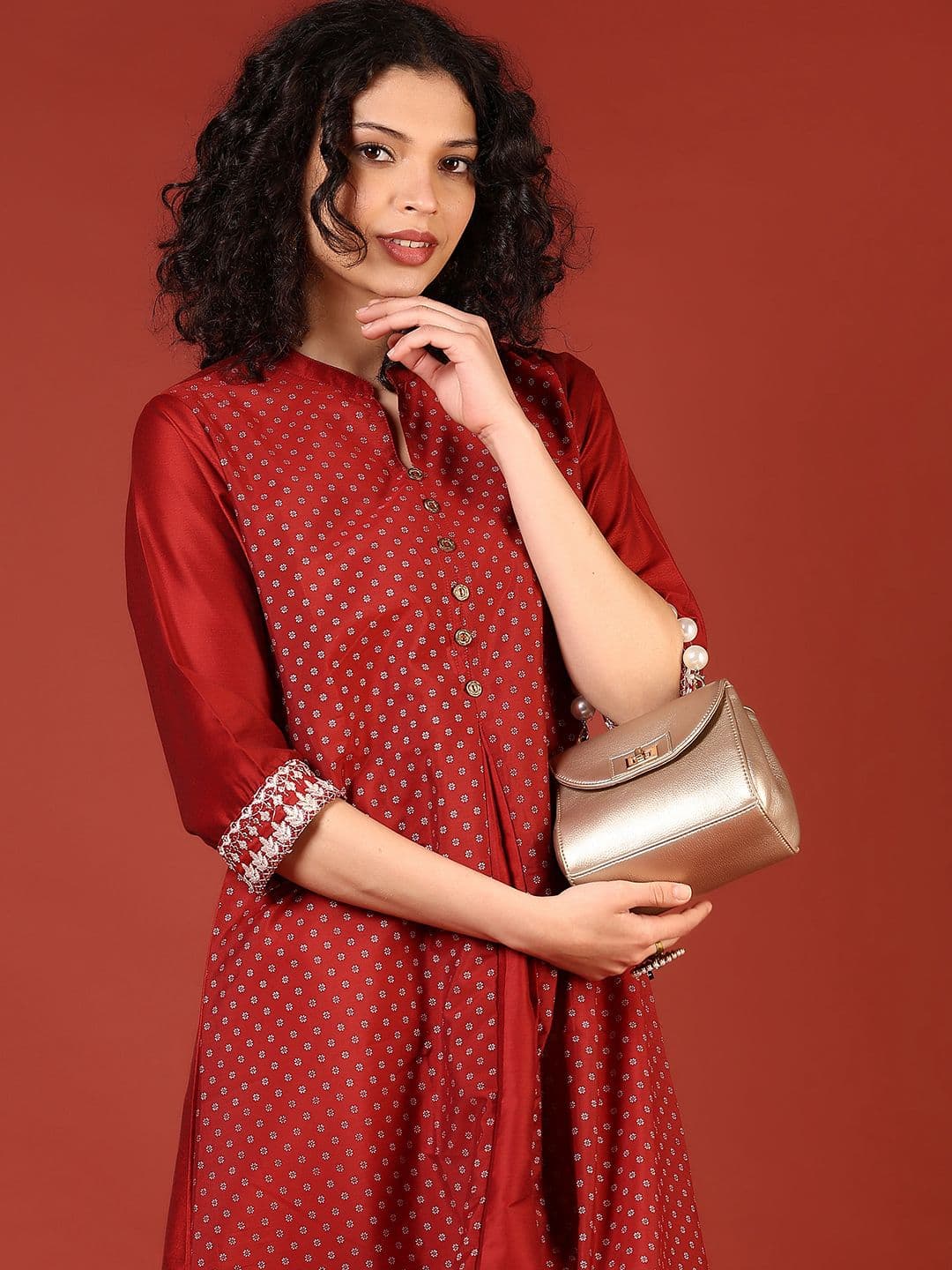 V-Mart Gometric Printed Cotton Mandarin Collar A-line Kurta - view 1