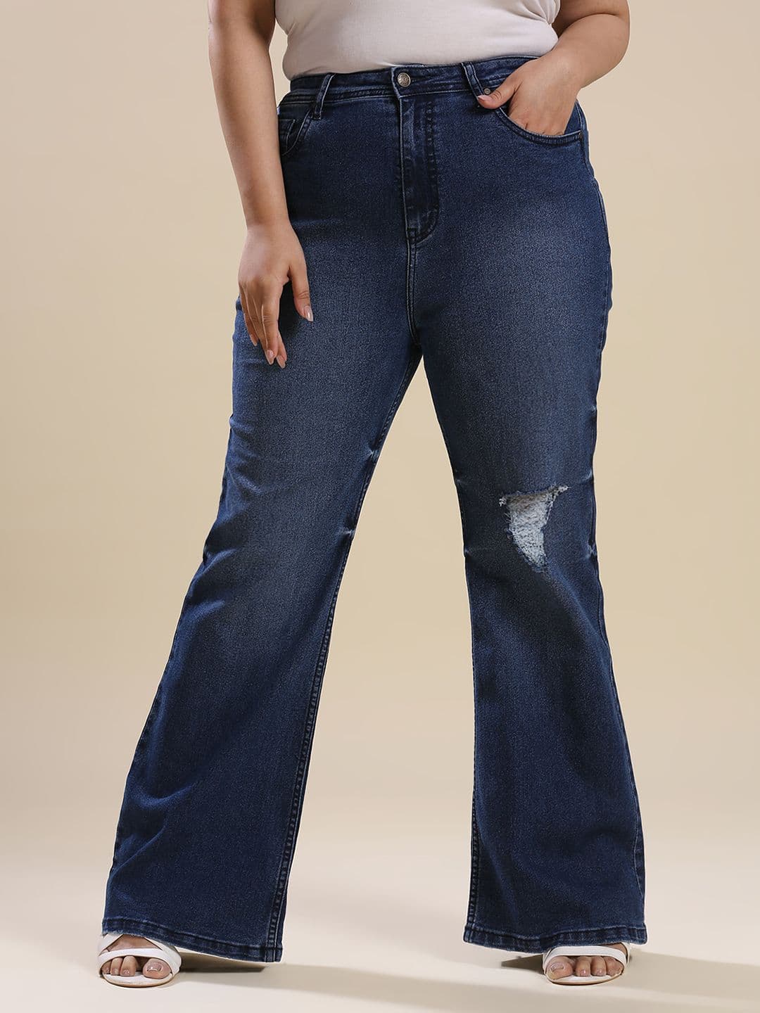 Turning Blue Women Flared High-Rise Mildly Distressed Light Fade Jeans - view 1