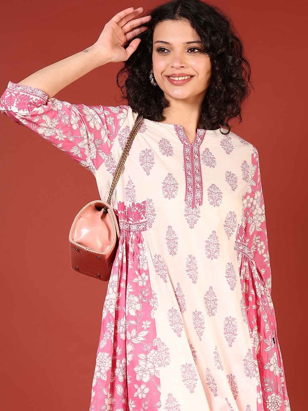 V-Mart Floral Printed Cotton Thread Work Notch Neck A-Line Kurta - view 1