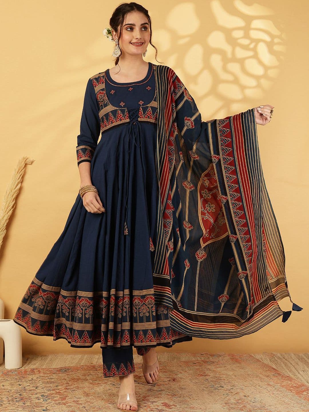 KIMAYRA Women Printed Regular Thread Work Kurta with Trousers & With Dupatta - view 1