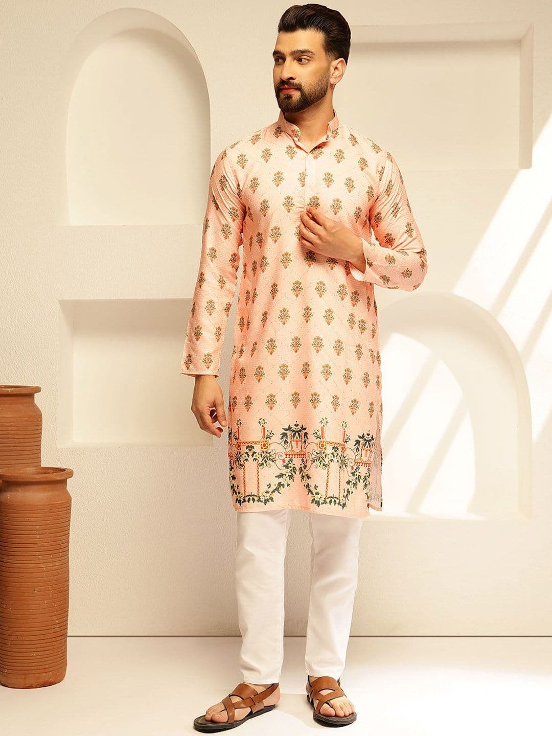 SOJANYA Floral Embroidered Mandarin Collar Cotton Straight Kurta - view 1