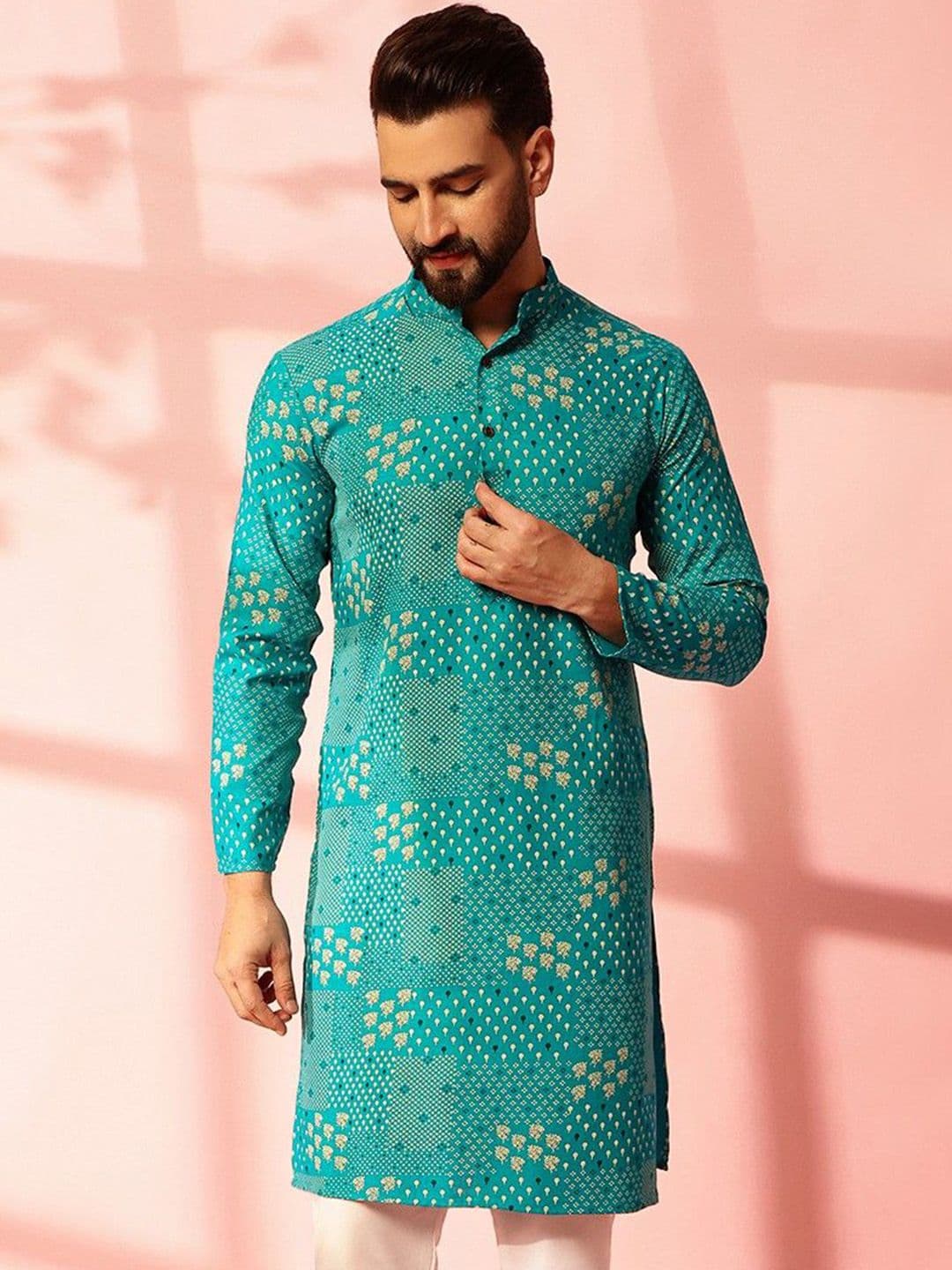 Anouk Floral Printed Band Collar Cotton Linen Straight Kurta - view 1