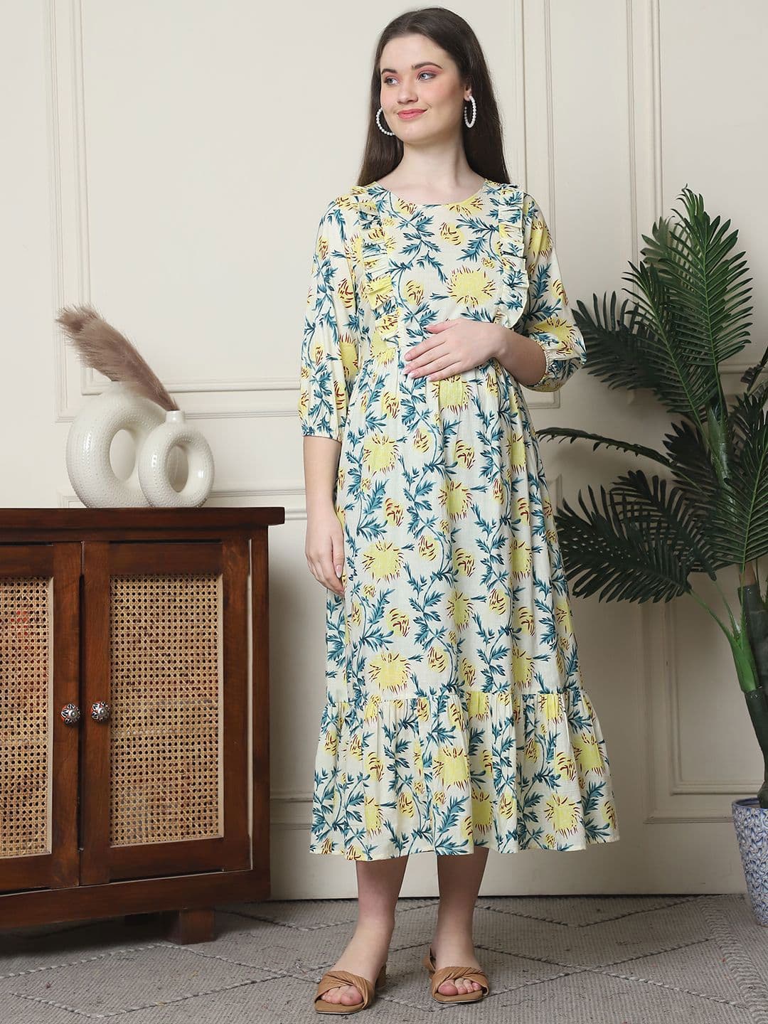 Frempy Floral Print Organic Cotton Maternity Maxi Dress - view 1
